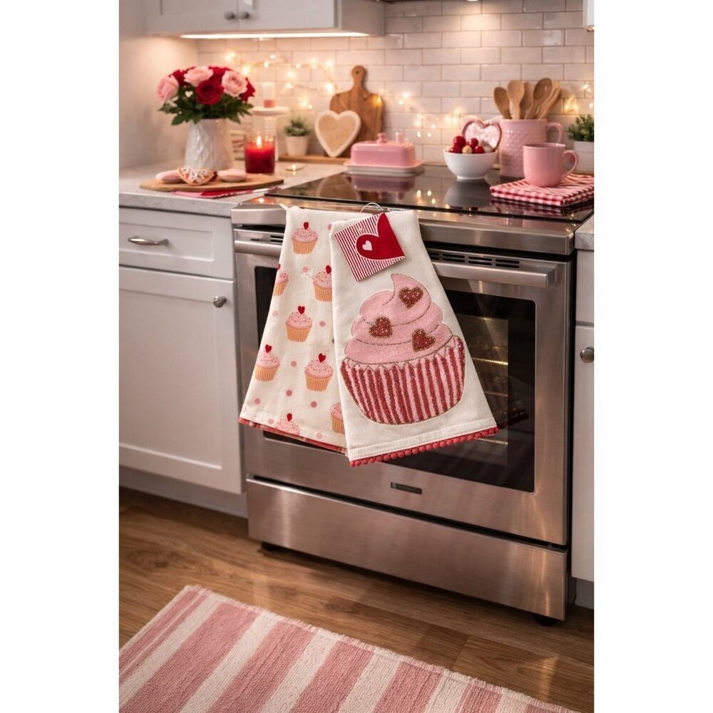 New Set 2 Valentines Day Love Pink Beaded W/ Fringe Cupcake Kitchen Towels